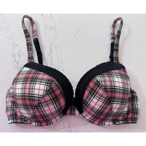 Victoria's Secret Plunge Bra 34D Plaid Red White Black Green Holiday